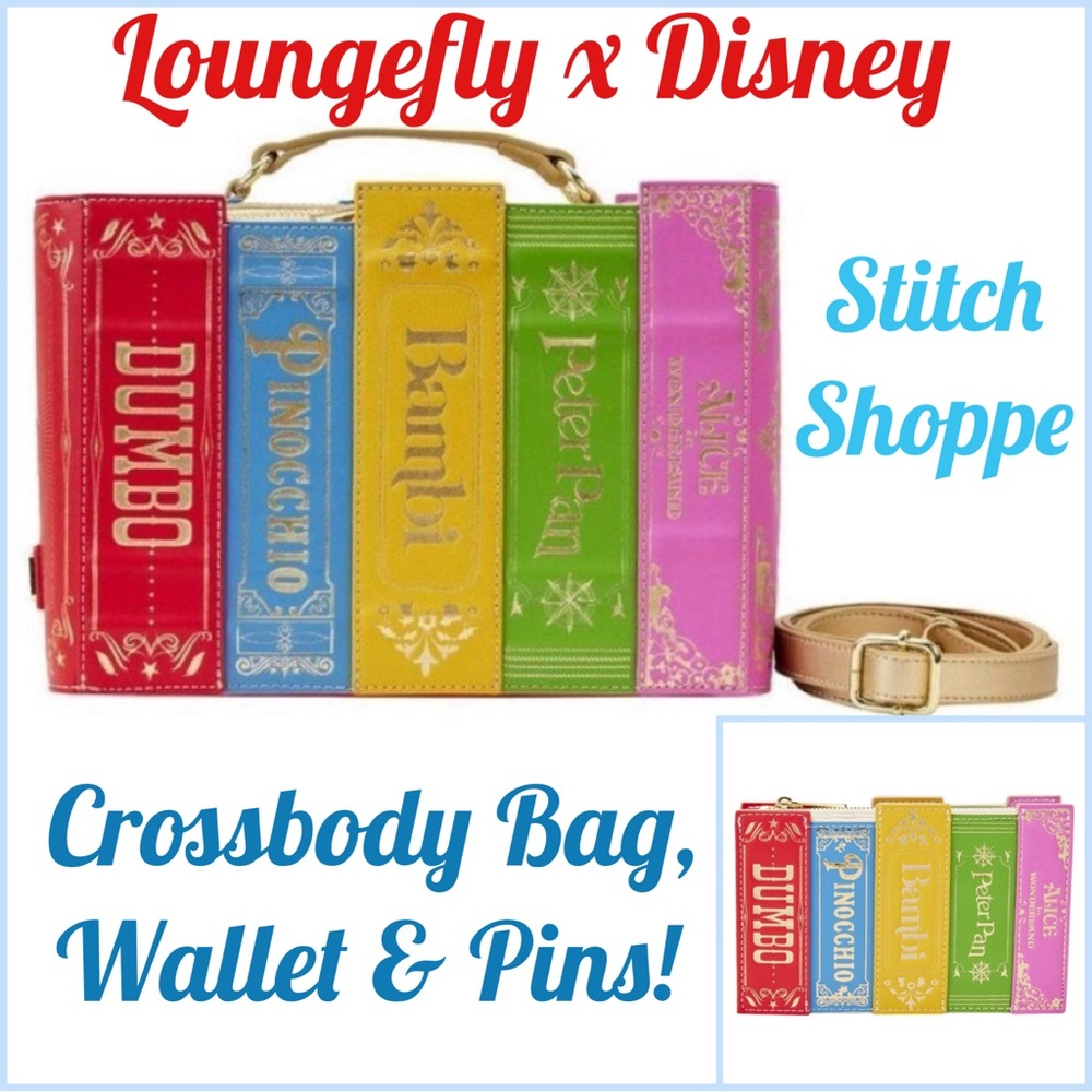 LOUNGEFLY STITCH SHOPPE DISNEY CLASSIC BOOKS CROSSBODY BAG, WALLET, LT. ED. PINS